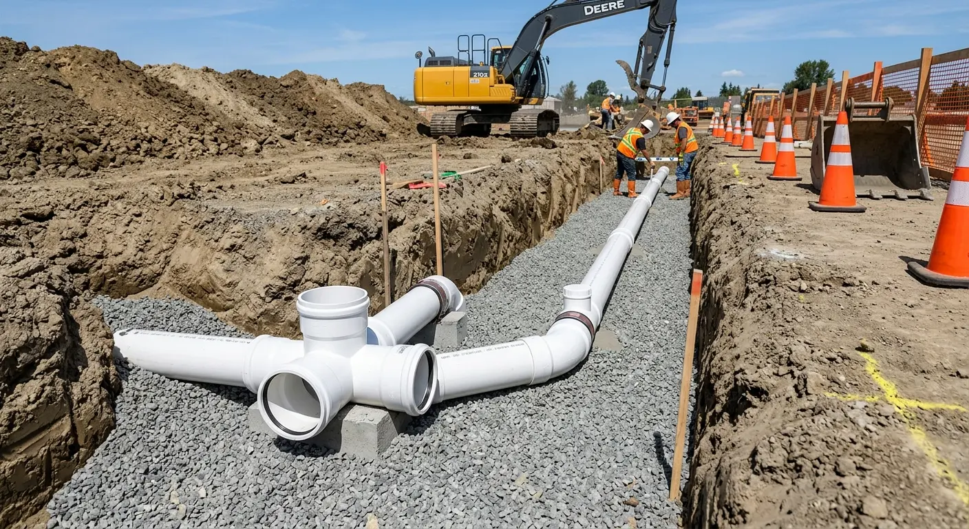 New PVC sewer pipe installation in open trench for Commercial Drain Cleaning in Edgewood
