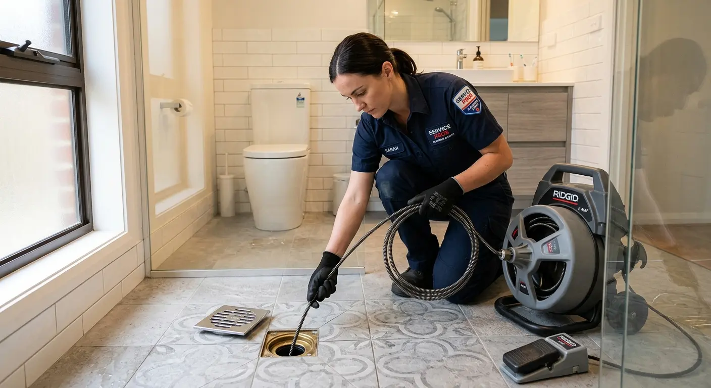 Technician clearing a bathroom floor drain for Clogged Drain Repair in Edgewood